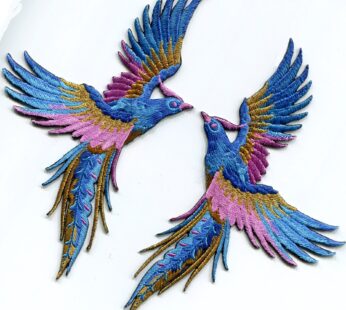 Phoenix phenix birds azure blue pink gold embroidered appliques iron-on patches pair S-133