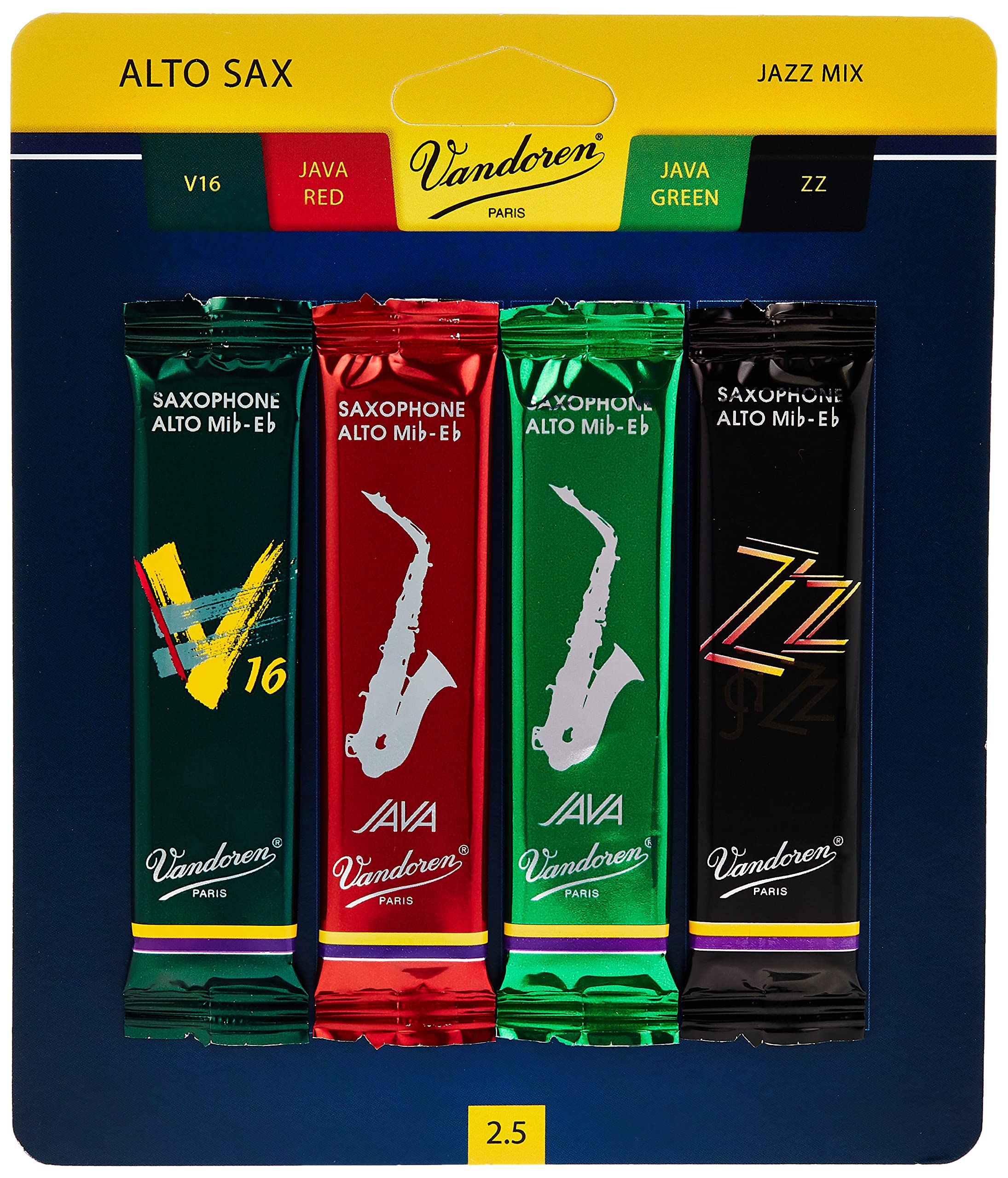 Vandoren SRMIXA25 Alto Sax Jazz Reed Mix Card includes 1 each ZZ, V16, JAVA and JAVA Red S - Image 2