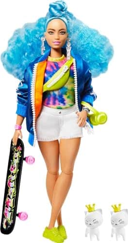 Barbie Extra Doll #4, Curvy, in Zippered Bomber Jacket with 2 Pet Kittens, Extra-Curly Blu