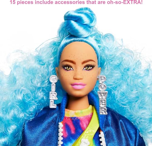 Barbie Extra Doll #4, Curvy, in Zippered Bomber Jacket with 2 Pet Kittens, Extra-Curly Blu - Image 3