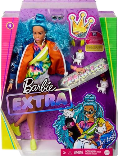 Barbie Extra Doll #4, Curvy, in Zippered Bomber Jacket with 2 Pet Kittens, Extra-Curly Blu - Image 6