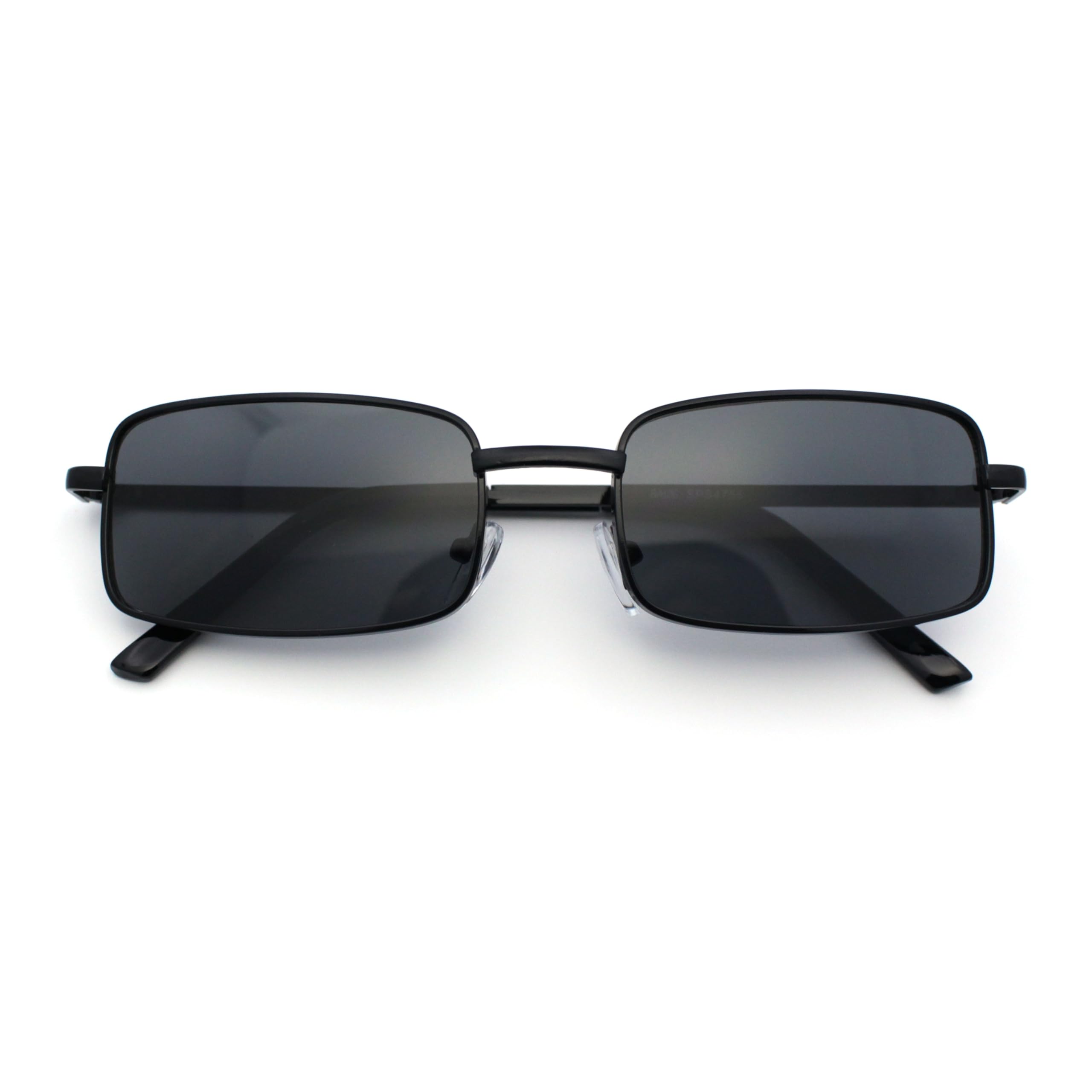 Mens Retro Vintage Narrow Rectangular Pimp Metal Sunglasses (All Black)