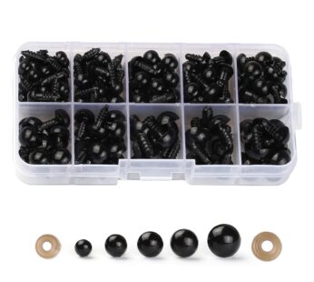 100PCS 6mm-12mm Solid Black Eyes with Washers, Sewing for DIY of Puppet, Plush Animal Maki