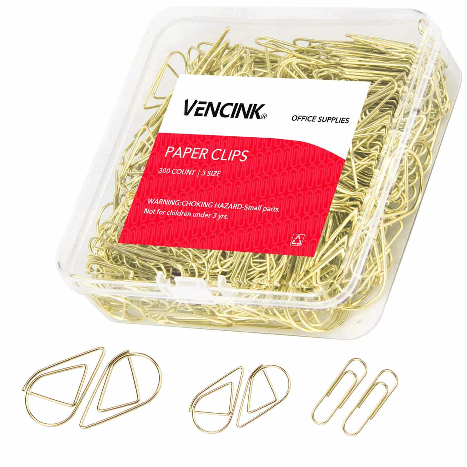 300 Pcs Cute Gold Paper Clips Assorted Sizes, Smooth Steel Wire Drop-Shaped Paperclips Lar