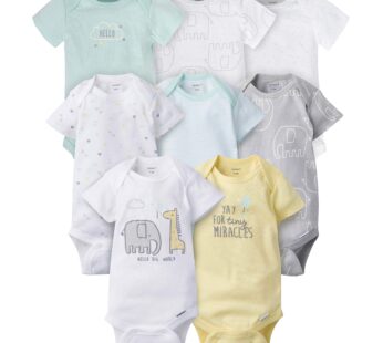 Gerber Baby 8-Pack Short Sleeve Onesies Bodysuits, Animals Green, 6-9 Months