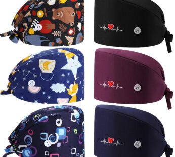 Geyoga 6 Pieces Adjustable Working Caps with Button Gourd Tie Back Bouffant Hats Sweatband