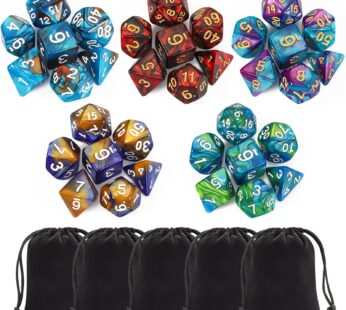 CiaraQ Polyhedral Dice Set (35 Pieces) with Black Pouches, 5 Complete Double-Colors Dice S