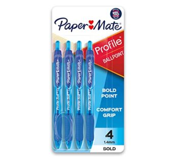 Paper Mate Profile Retractable Ballpoint Pen, Bold Point, Translucent Barrel, Blue Ink, 4