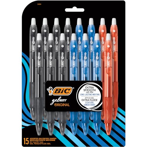 BIC Gelocity Original Assorted Colors Gel Pens, Medium Point (0.7mm), 15-Count Pack, Retra