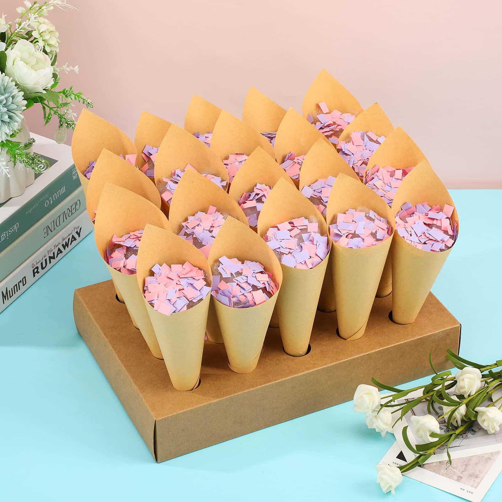 Wedding Confetti Cone Stand Box, Confetti Holder Box Tray with 20 Pieces Cone Paper and 20 - Image 2