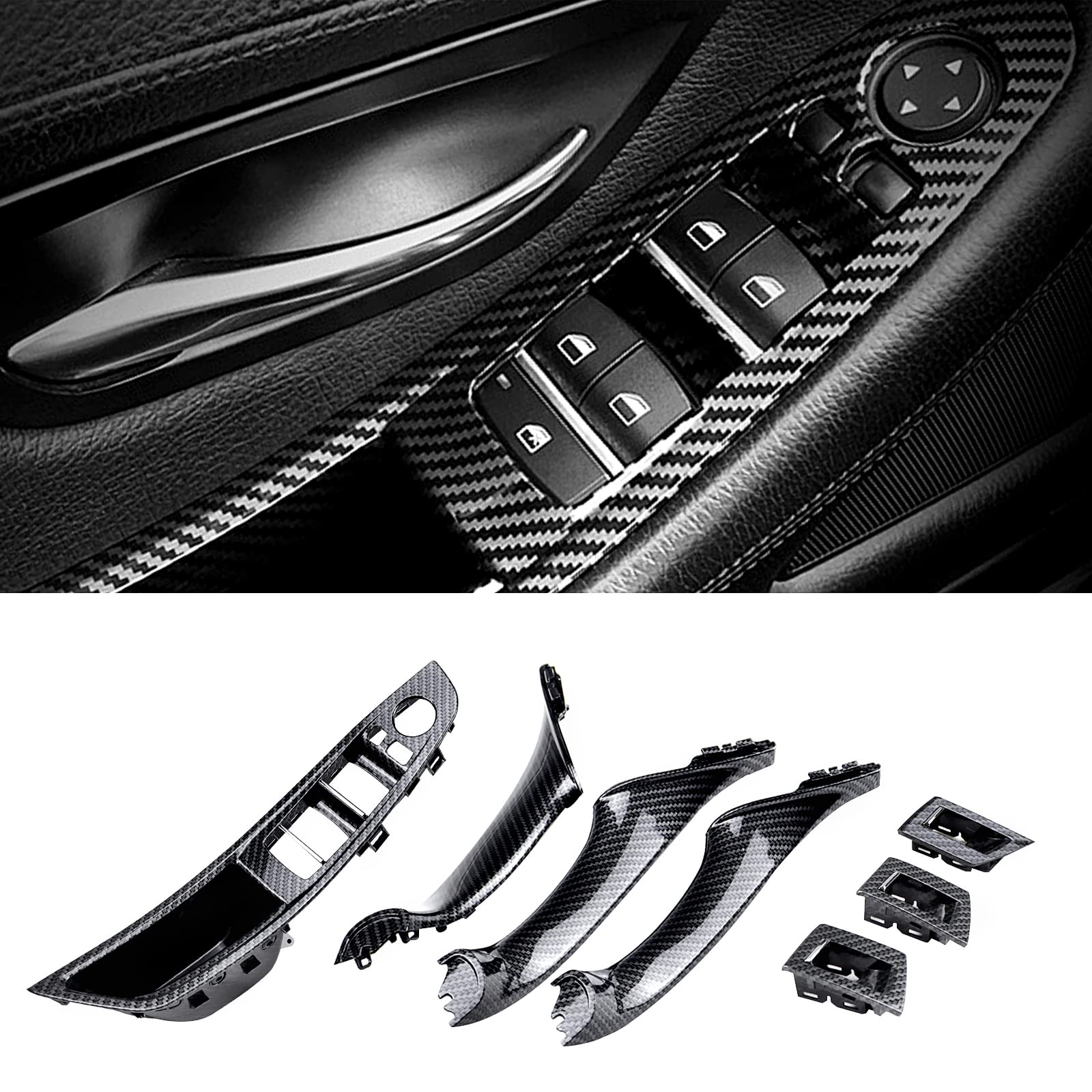 FEXON Carbon Fiber Window Switch Armrest Panel, Inner Door Pull Handle Trim Cover Kits Rep