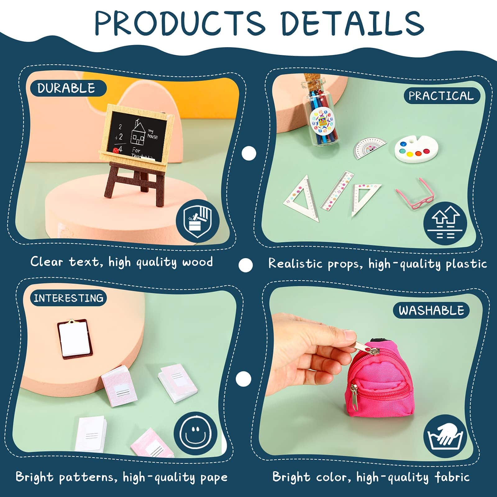 14 Pieces Mini Doll School Supplies for 11.5 inch Doll, Includes Mini Doll Backpack Glasse - Image 3