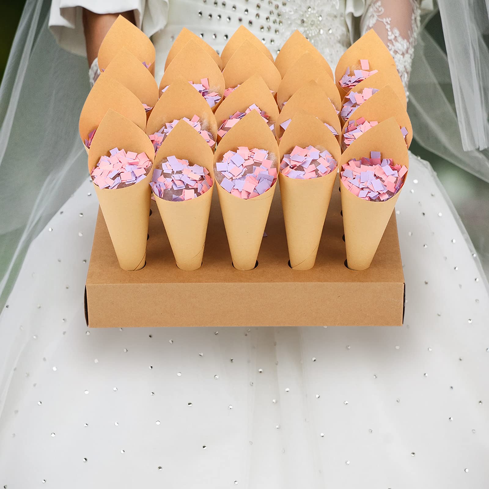 Wedding Confetti Cone Stand Box, Confetti Holder Box Tray with 20 Pieces Cone Paper and 20 - Image 7