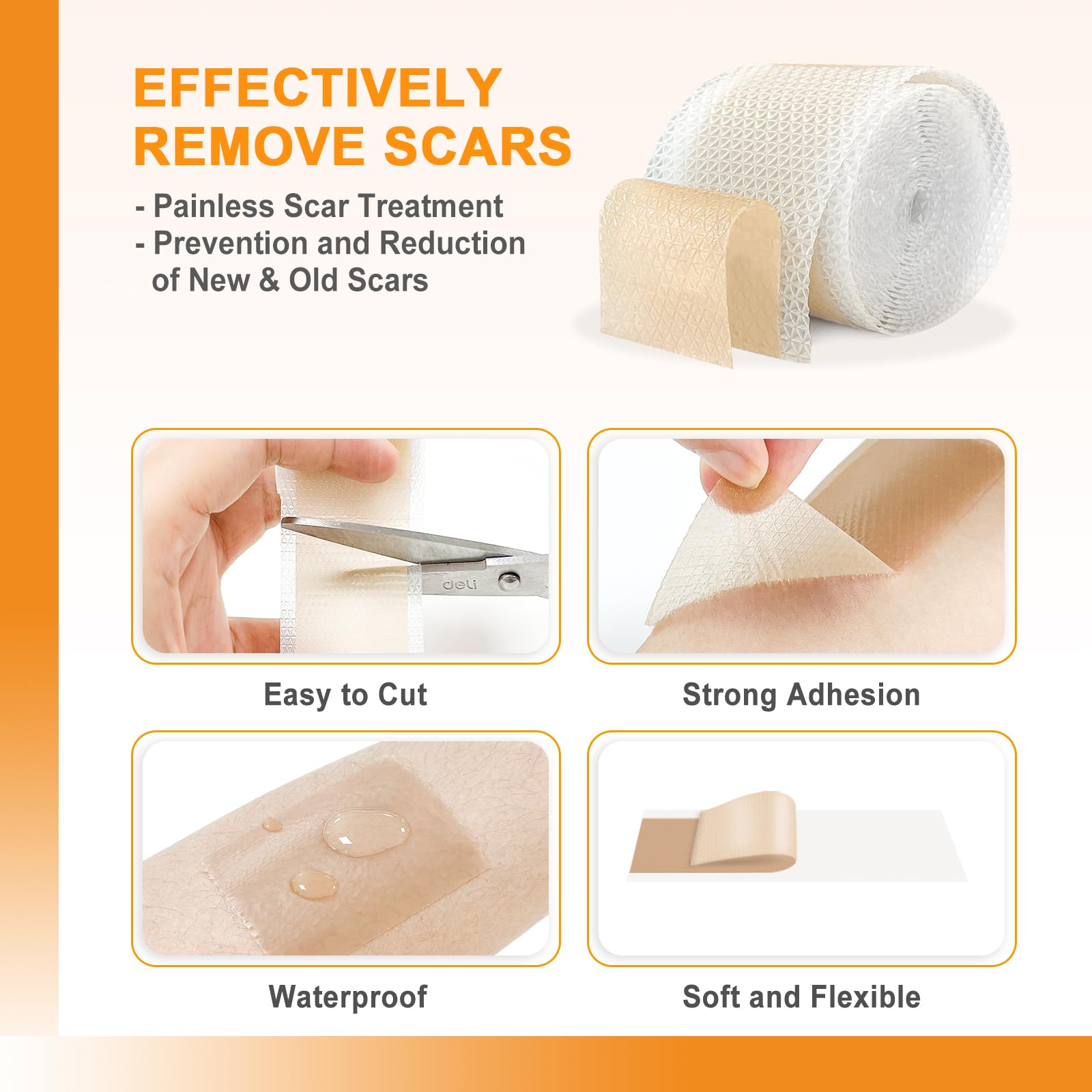 Silicone Scar Sheets (1" x 60"Roll), Soft Silicone Scar Tape for Scars Removal, Reusable E - Image 3