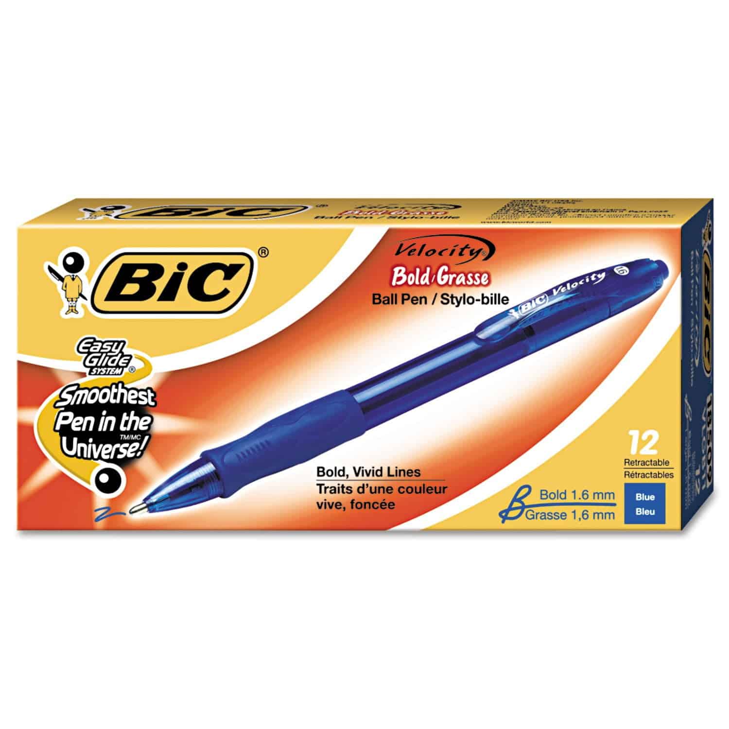 BIC Atlantis Velocity Bold Retractable Ball Pen, Bold Point (1.6mm), Blue, 12-Count, Rubbe