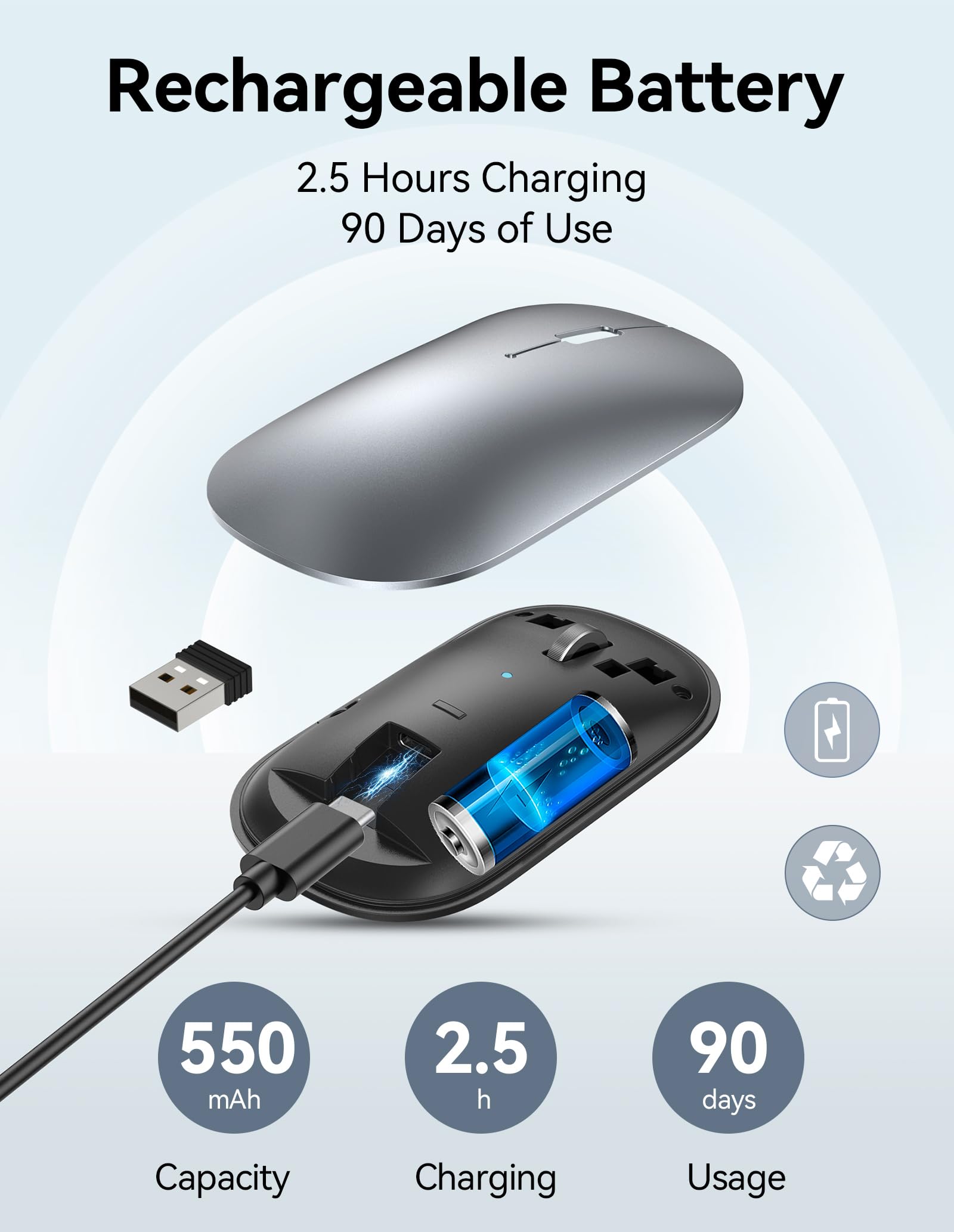 TECKNET Wireless Mouse, BT5.0/3.0 2.4GHz Silent Computer Mouse with USB Receiver,4000DPI R - Image 3