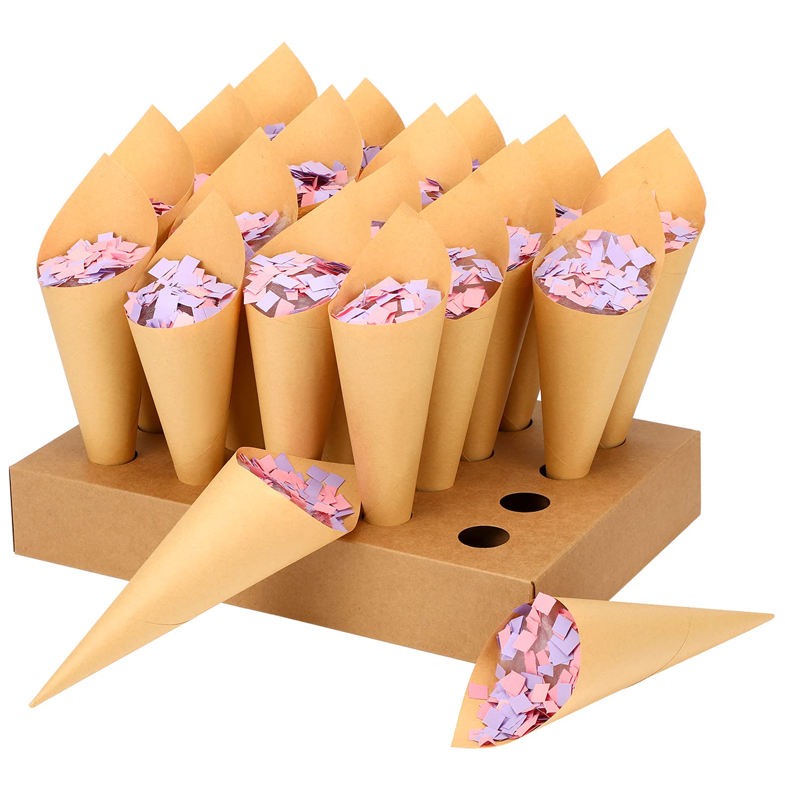 Wedding Confetti Cone Stand Box, Confetti Holder Box Tray with 20 Pieces Cone Paper and 20