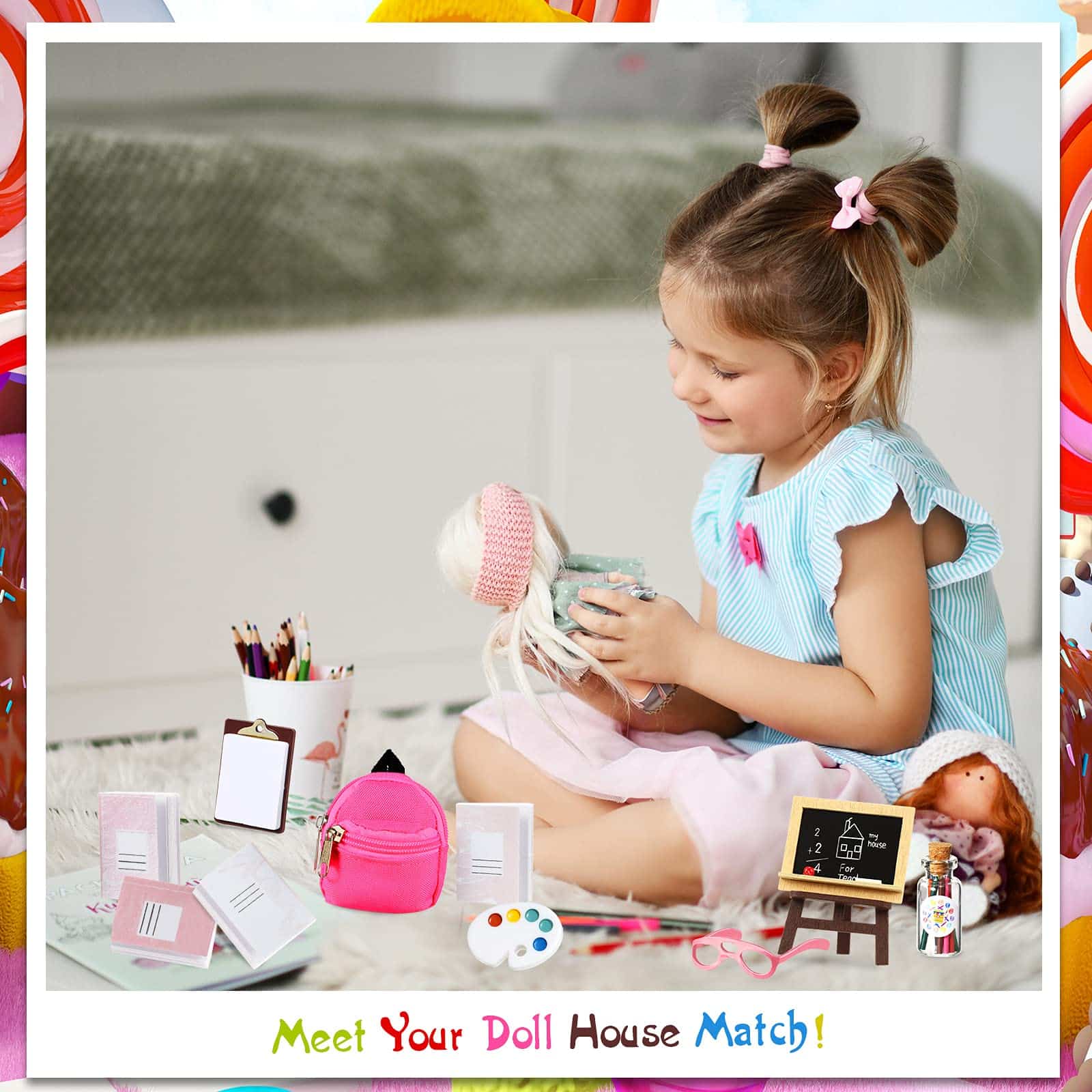 14 Pieces Mini Doll School Supplies for 11.5 inch Doll, Includes Mini Doll Backpack Glasse - Image 5