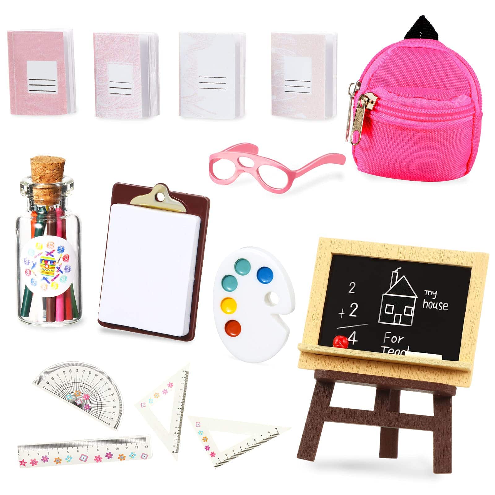 14 Pieces Mini Doll School Supplies for 11.5 inch Doll, Includes Mini Doll Backpack Glasse