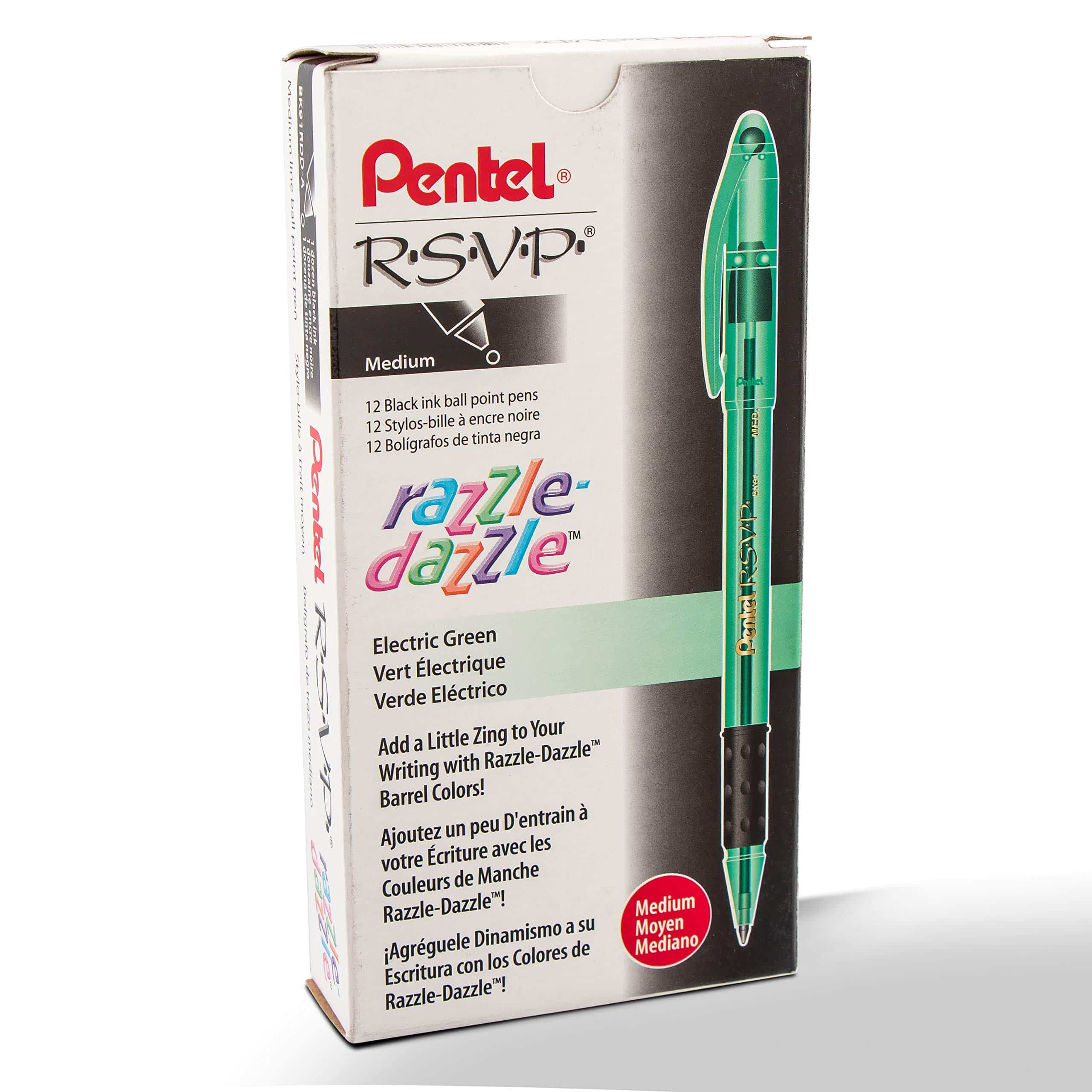 Pentel R.S.V.P. Razzle-Dazzle Ballpoint Pen, Medium Line, Green Barrel, Black Ink, Box of