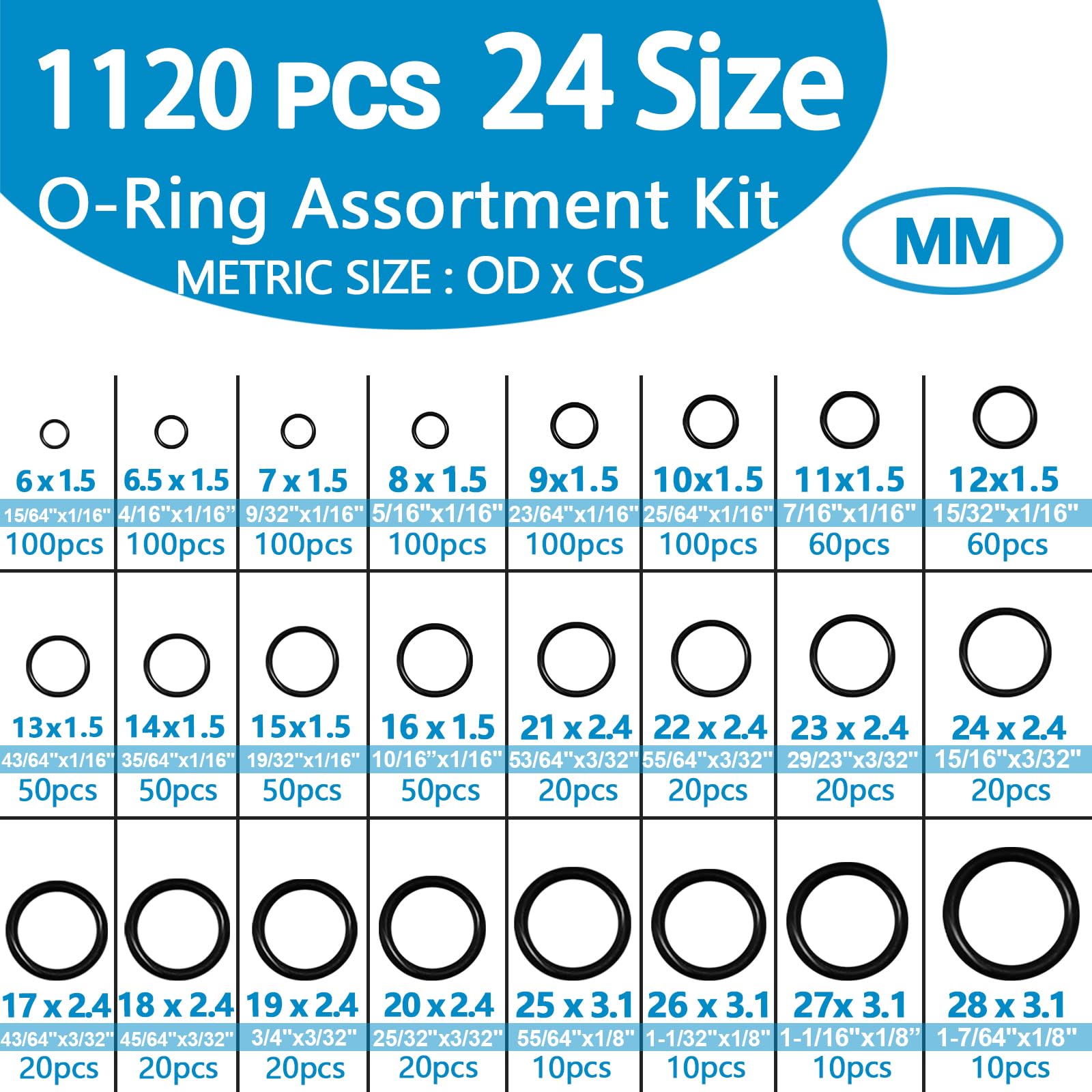 ZDBB 24 Size Rubber O Ring Set,1120 Pcs Black Small O Rings Assortment Kits,Assorted Metri - Image 2