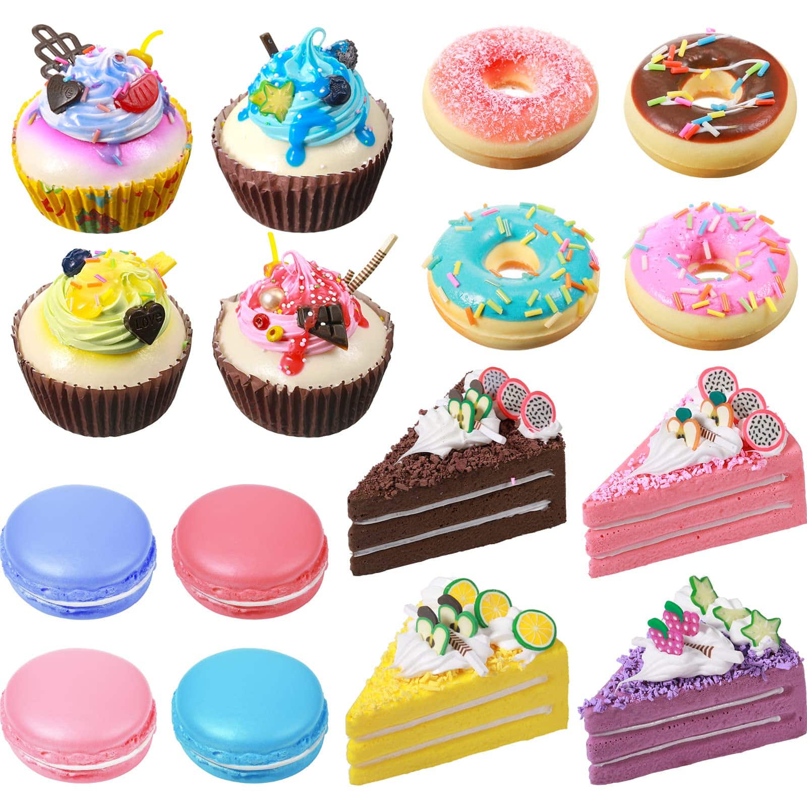 16 Pcs Fake Food Realistic Artificial Toy Donuts Cupcake Fake Slice Cake Artificial Simula
