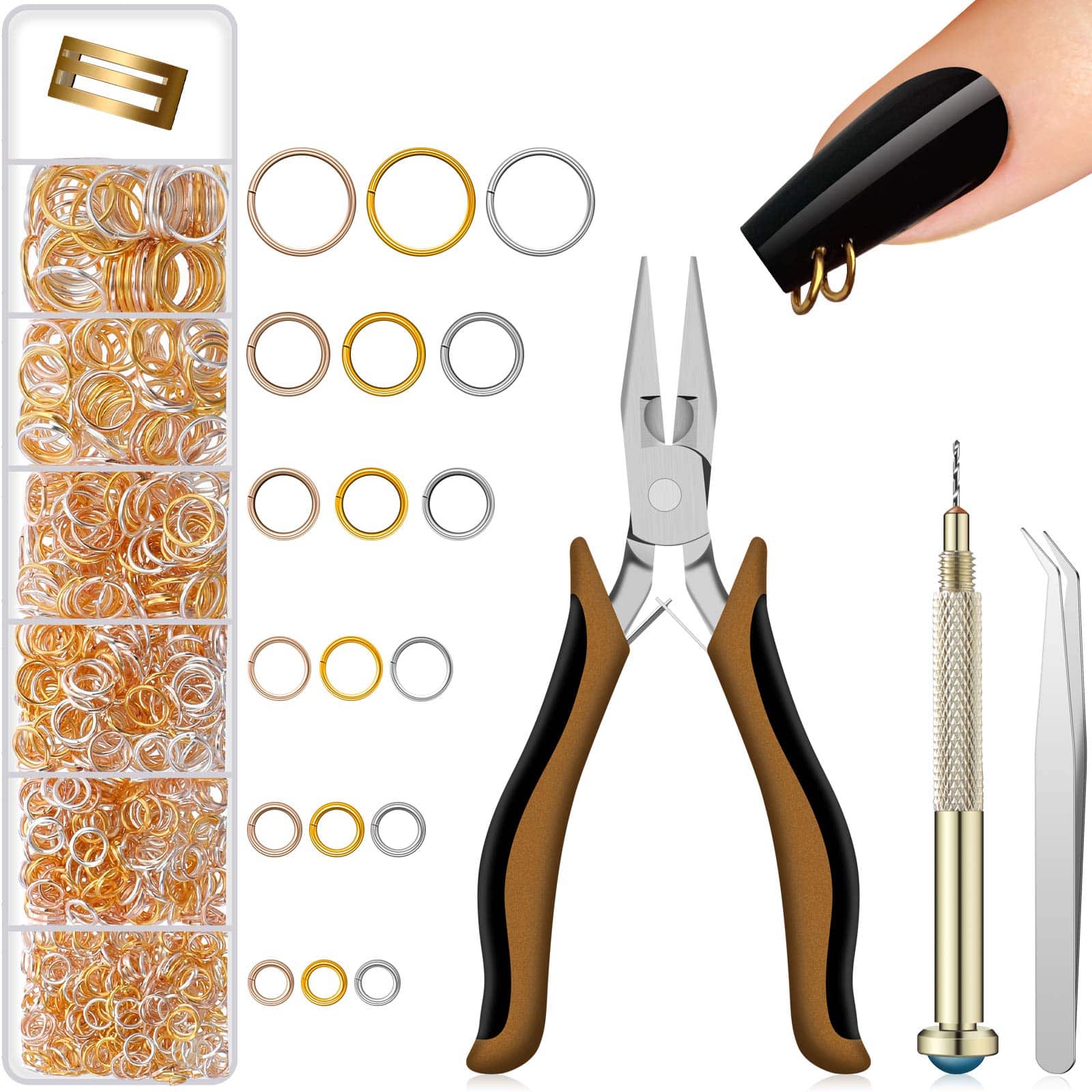 1014 Pieces Nail Dangle Charm Piercing Tool Hand Drill, Nail Charms 6 Sizes Jump Ring Conn