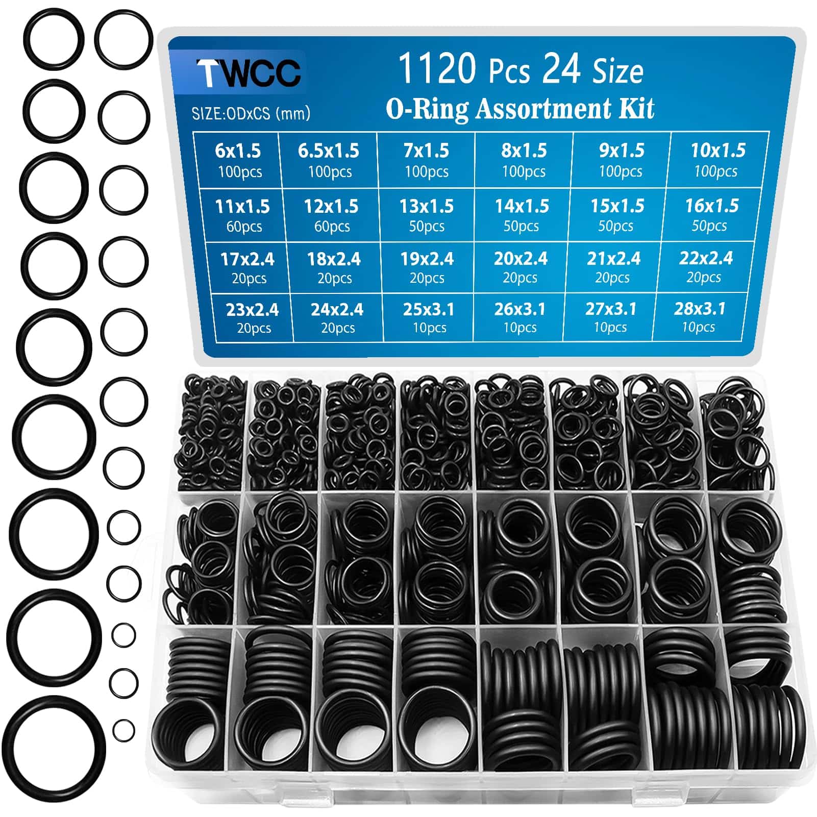 ZDBB 24 Size Rubber O Ring Set,1120 Pcs Black Small O Rings Assortment Kits,Assorted Metri