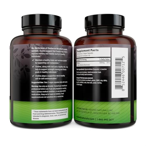 Nested Naturals Choline Bitartrate 500mg - High Potency Choline Supplements - Supports Cognitive Performance & Liver Function - 100% Vegan & Non-GMO Choline - 90 Vegan Capsules - Image 2
