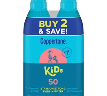 Coppertone Sunscreen Spray SPF 50, Broad Spectrum, Water Resistant for Kids, #1 Pediatrician Recommended Brand, 5.5 Ounce (Pack of 2)