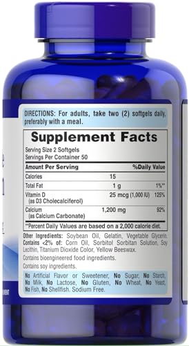 Puritan's Pride Absorbable Calcium 1200 mg with Vitamin D 1000 IU, 100 Softgels - Image 4