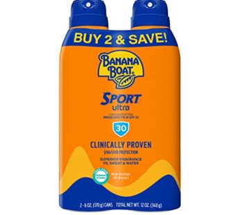 Banana Boat Sport Ultra SPF 30 Sunscreen Spray Twin Pack | Banana Boat Sunscreen Spray SPF 30, Spray On Sunscreen, Water Resistant Sunscreen, Oxybenzone Free Sunscreen Pack, 6oz each