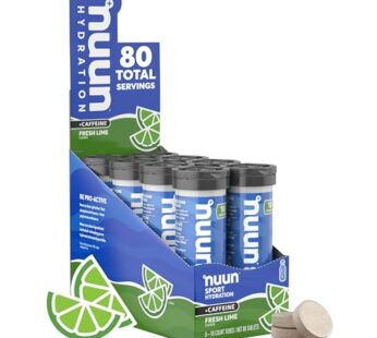 Nuun Sport + Caffeine Electrolyte Tablets for Proactive Hydration, Fresh Lime, 8 Pack (80 Servings)