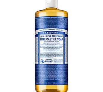 Dr. Bronner’s – Pure-Castile Liquid Soap (Peppermint, 32 ounce) – Made with Organic Oils, 18-in-1 Uses: Face, Body, Hair, Laundry, Pets and Dishes, Concentrated, Vegan, Non-GMO