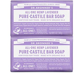 Dr. Bronner’s – Pure-Castile Bar Soap (Lavender, 5 ounce, 2-Pack) – Made with Organic Oils, For Face, Body and Hair, Gentle and Moisturizing, Biodegradable, Vegan, Cruelty-free, Non-GMO