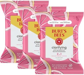 Burt’s Bees Pink Grapefruit Face Wipes, for All Skin Types, College Back to School Dorm Essentials, Hydrating Makeup Remover & Facial Cleansing Towelettes, 30 Ct. (3-Pack)