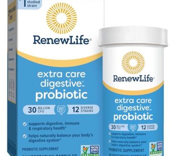 Renew Life Extra Care Digestive Probiotic Capsules, Daily Supplement Supports Immune, Digestive and Respiratory Health, L. Rhamnosus GG, Dairy, Soy and gluten-free, 30 Billion CFU, 30 Count
