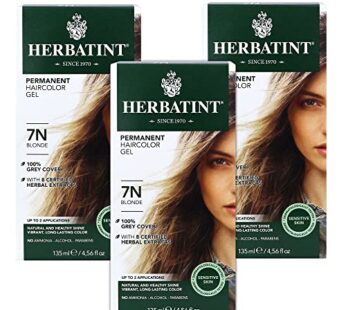 Herbatint Permanent Haircolor Gel, 7N Blonde, Alcohol Free, Vegan, 100% Grey Coverage – 4.56 oz (3 Pack)