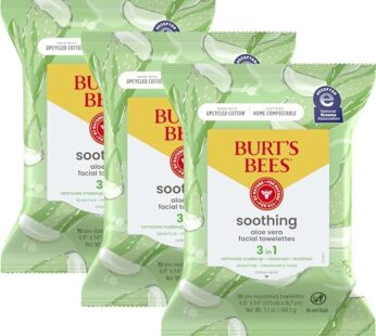 Burt’s Bees Aloe Vera Face Wipes, for Sensitive Skin, Soothing Makeup Remover & Facial Cleansing Towelettes, 30 Ct. (3-Pack)