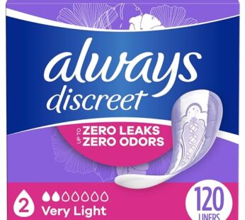 Always Discreet Adult Incontinence & Postpartum Liners for Women, Size 2, Very Light Absorbency, Regular Length, 120 Count (Packaging May Vary)