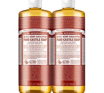 Dr. Bronner’s – Pure-Castile Liquid Soap (Eucalyptus, 32 ounce, 2-Pack) – Made with Organic Oils, 18-in-1 Uses: Face, Body, Hair, Laundry, Pets and Dishes, Concentrated, Vegan, Non-GMO