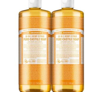 Dr. Bronner’s – Pure-Castile Liquid Soap (Citrus, 32 ounce, 2-Pack) – Made with Organic Oils, 18-in-1 Uses: Face, Body, Hair, Laundry, Pets and Dishes, Concentrated, Vegan, Non-GMO