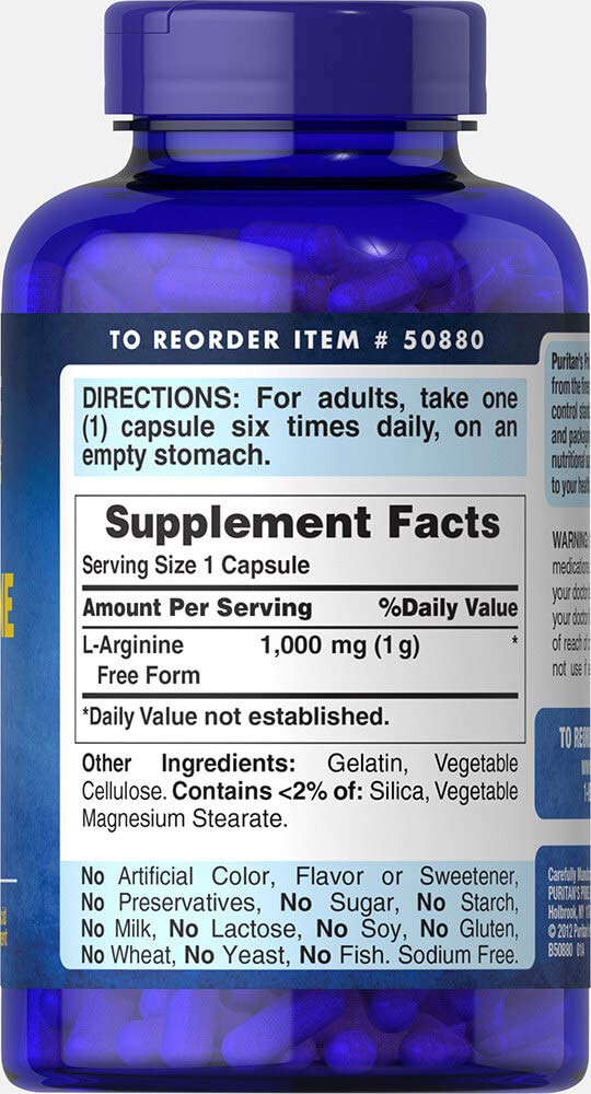 Puritan's Pride L-arginine 1000 Mg Capsules, 100 Count, White, (4332490165) - Image 2