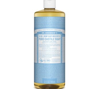 Dr. Bronner’s – Pure-Castile Liquid Soap (Baby Unscented, 32 ounce, 2-Pack) – Made with Organic Oils, 18-in-1 Uses: Face, Hair, Laundry and Dishes, For Sensitive Skin and Babies, No Added Fragrance