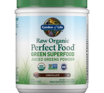 Garden of Life Raw Organic Perfect Food Green Superfood Juiced Greens Powder – Chocolate, 30 Servings – Non-GMO, Gluten Free, Vegan Whole Food Dietary Supplement, Plus Probiotics, 10.05 oz