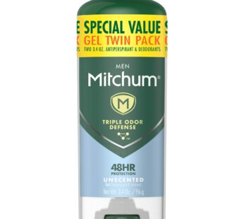 Mitchum Men’s Deodorant, Antiperspirant, Triple Odor Defense Gel Stick, 48 Hr Protection, Dermatologist Tested, Alcohol Free, Unscented, 3.4 Oz (Pack of 2)