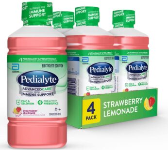 Pedialyte AdvancedCare Electrolyte Solution with PreActiv Prebiotics, Hydration Drink, Strawberry Lemonade, 1 Liter, 4 Count