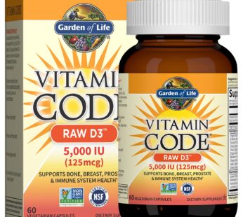 Garden of Life Vitamin D, Vitamin Code Raw D3, Vitamin D 5,000 IU, Raw Whole Food Vitamin D Supplements with Chlorella, Fruit, Veggies & Probiotics for Bone & Immune Health. 60 Vegetarian Capsules