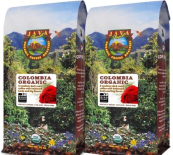 Java Planet Low Acid Coffee, Organic Colombian Single Origin: Whole Bean Medium Dark Roast – Smooth Full Flavored Coffee Bean, Two 1LB Bags