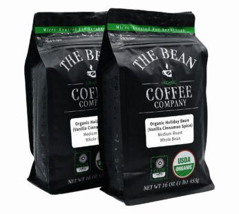 The Bean Organic Coffee Company Holiday Bean (Vanilla Cinnamon Spice), Medium Roast, Whole Bean Coffee, 16-Ounce Bags (Pack of 2)
